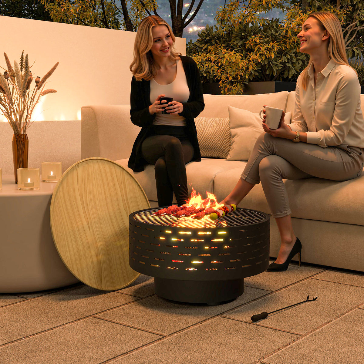 3-in-1 Fire Bowl Ø60 x 39cm Fire Pit with Stainless Steel Grill Grate, Poker, and Spark Screen in Wood-Look (2)