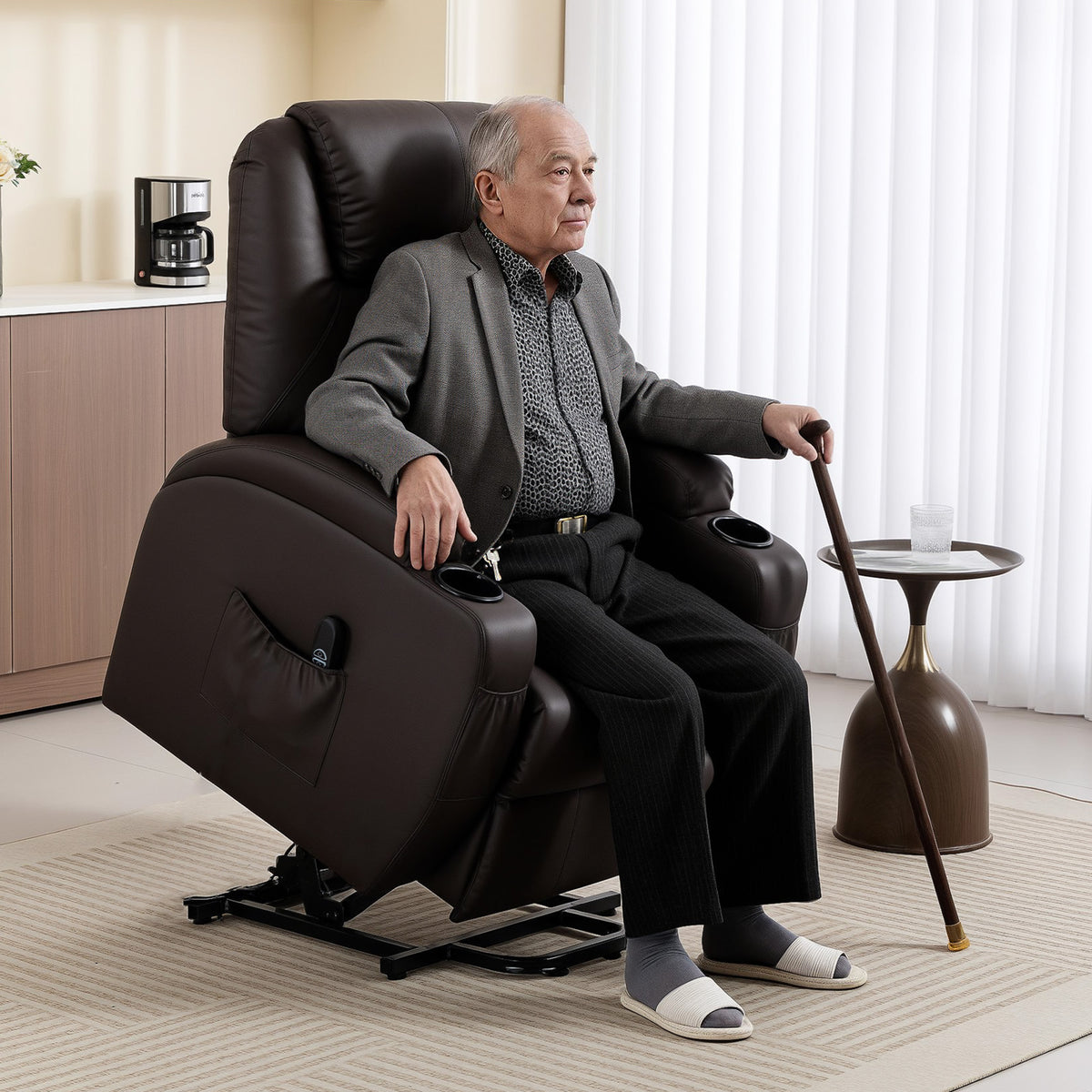 Lift chair, recliner with lift assist, incl. remote control, cup holder, adjustable backrest, brown (2)