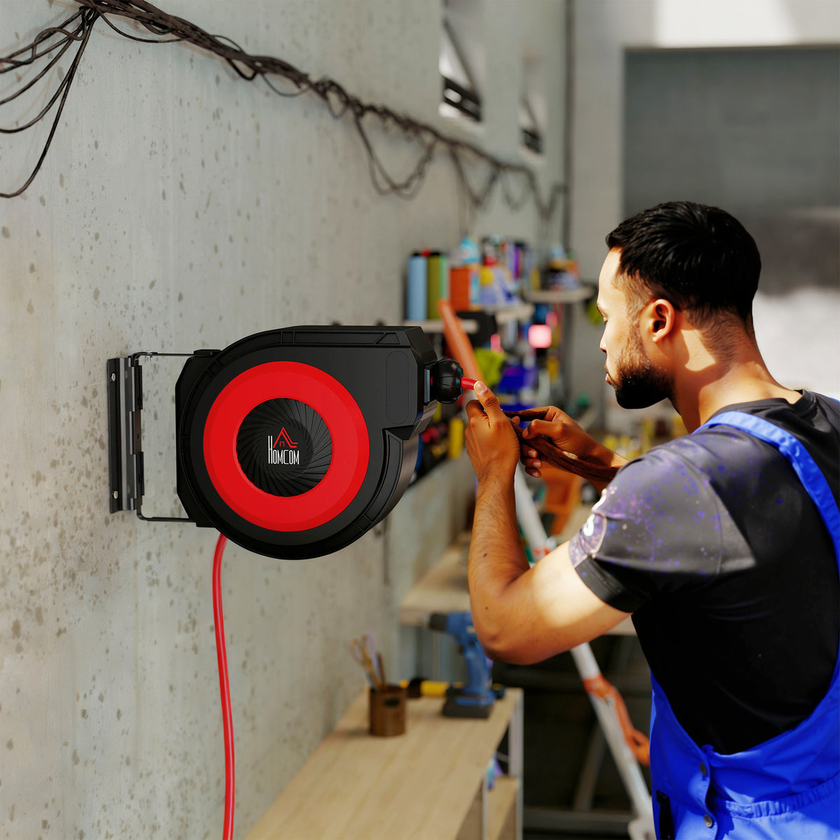 Hose reel with retraction mechanism, 16.5 m long hose, wall mounting, red+black (2)
