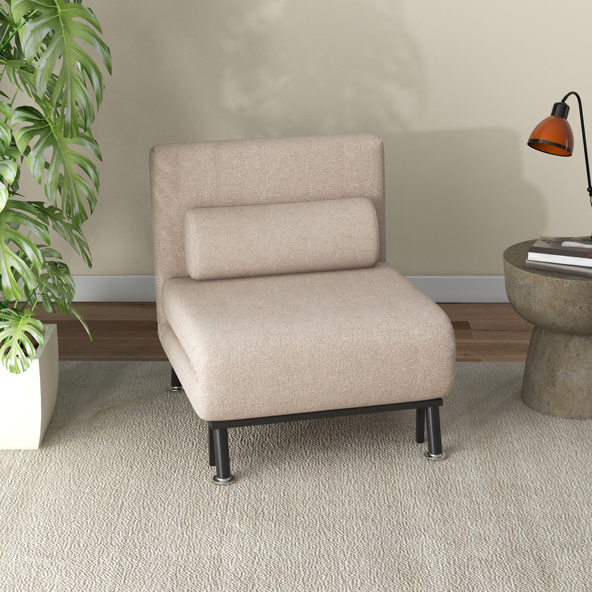 Folding armchair with bed function, foldable recliner in linen look, adjustable backrest, 75 x 70 x 75 cm, beige (2)