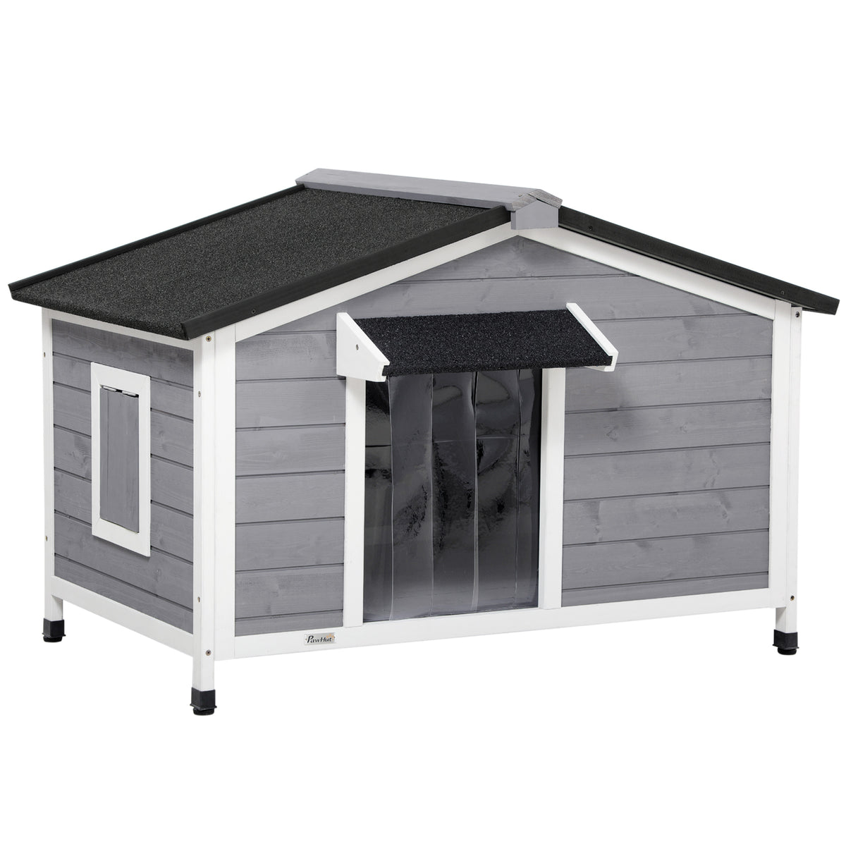 Solid wood dog house, weather-resistant, asphalt roof, removable floor, 109 cm x 79 cm x 72 cm, grey + white
