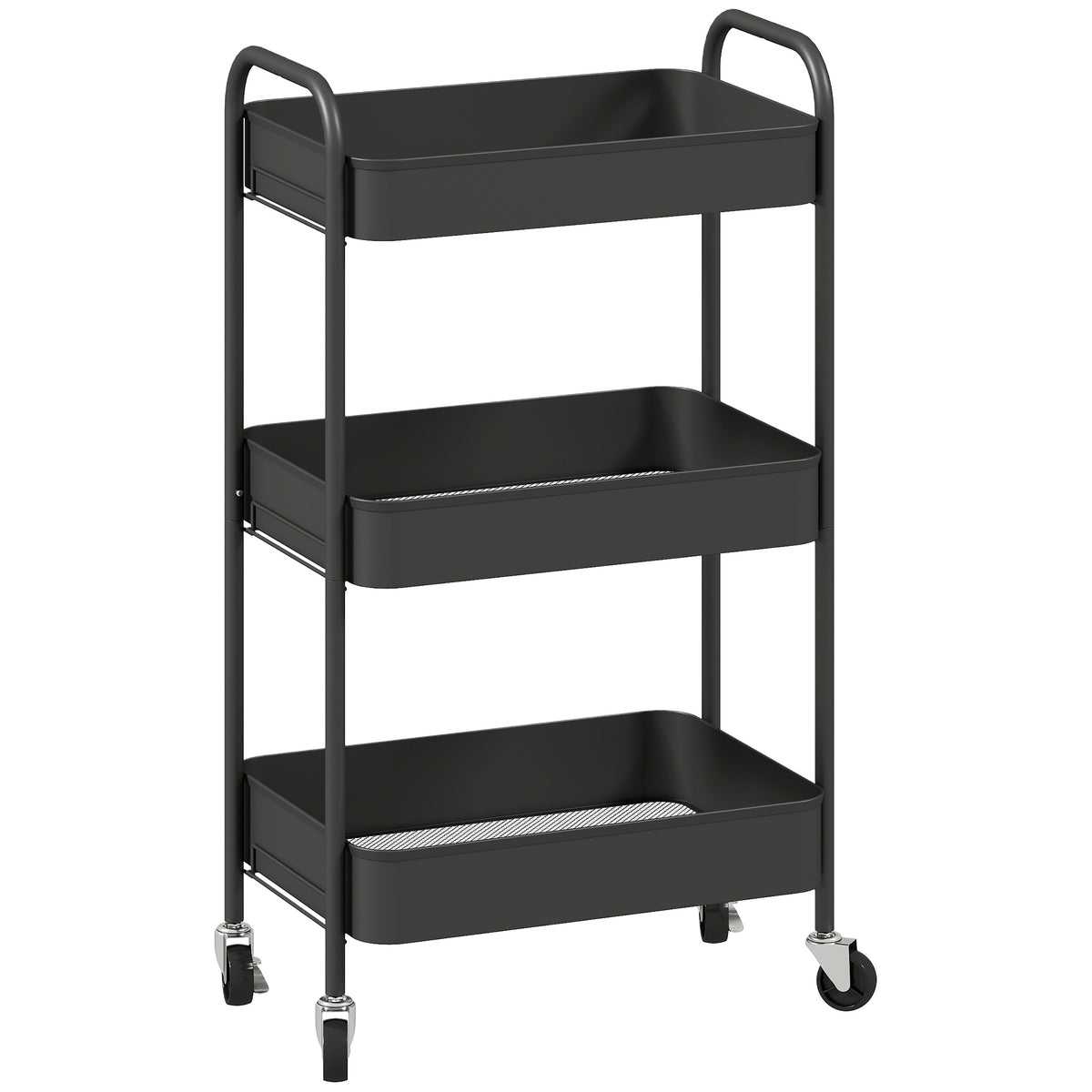 Multipurpose trolley, rolling cart, kitchen cart, 3 shelves, 4 wheels, 45 cm x 30.6 cm x 79 cm, black