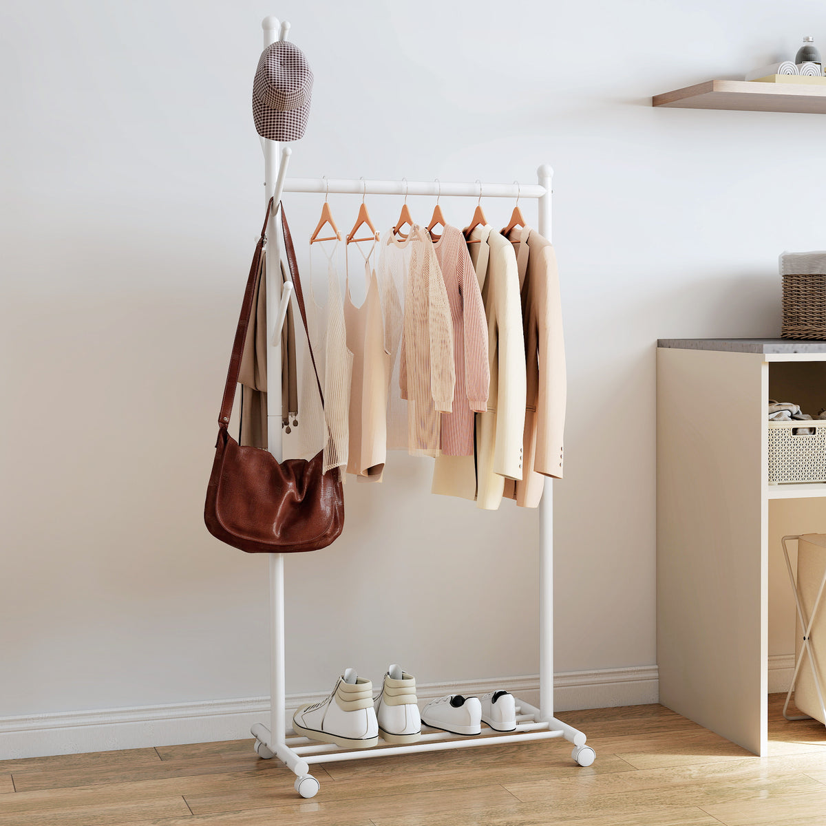 Clothes rack with wheels, mobile garment rack with clothes rail, 5 hooks, shoe rack white (2)