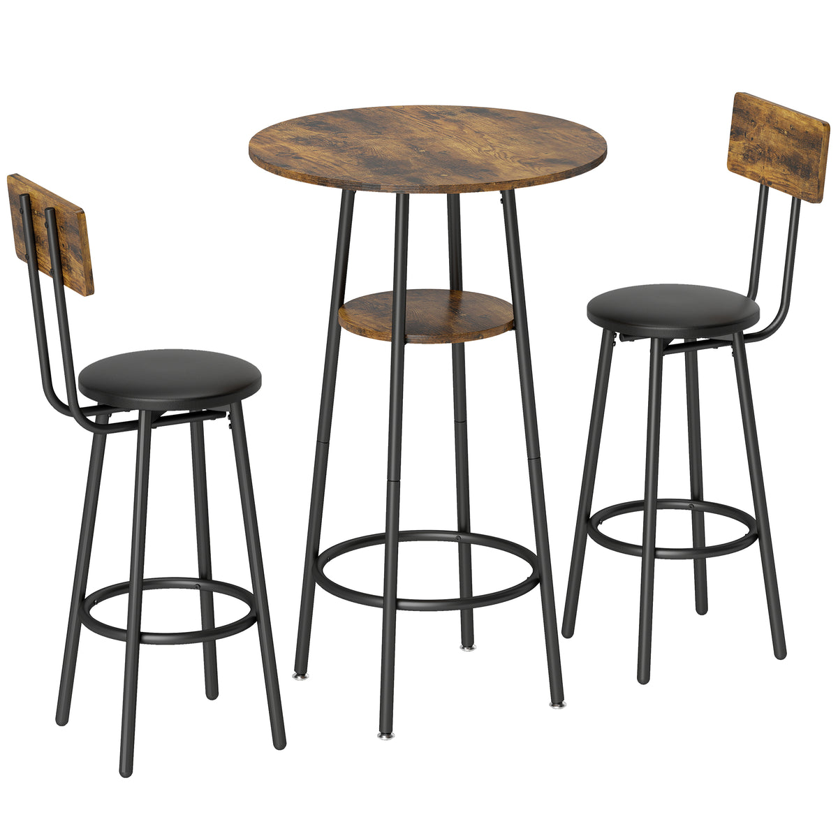 Industrial Bar Table Set with 2 Padded Stools, Footrests, Metal Frame, Kitchen Table with Storage Shelf, Rustic