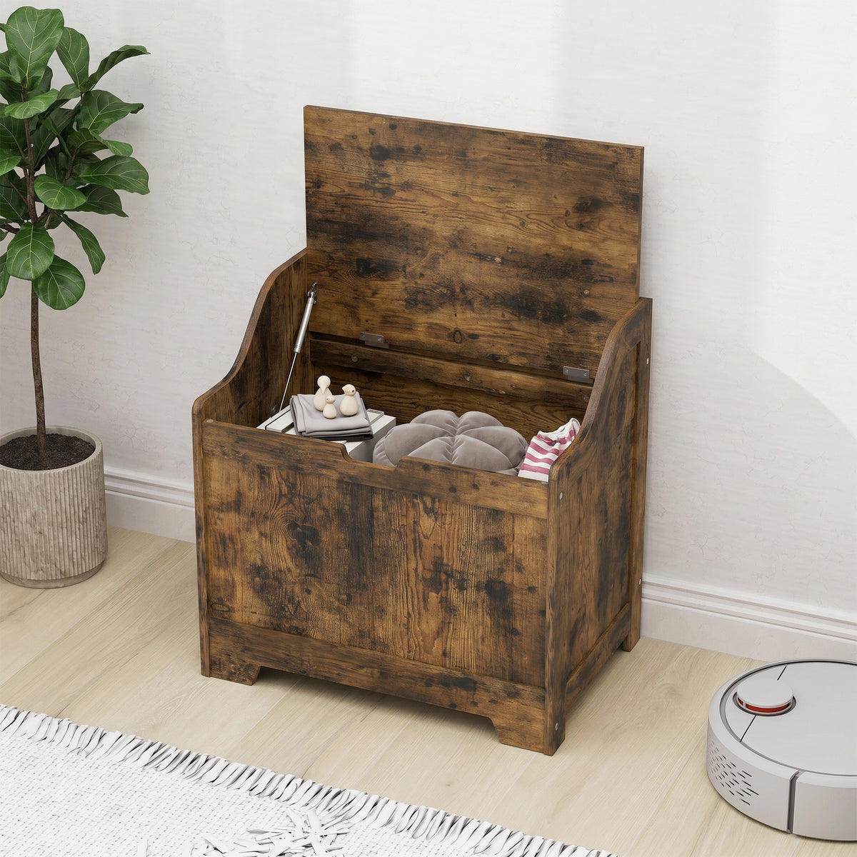 Storage chest with safety hinge, wooden chest with recessed grip for living room & hallway, rustic brown (2)