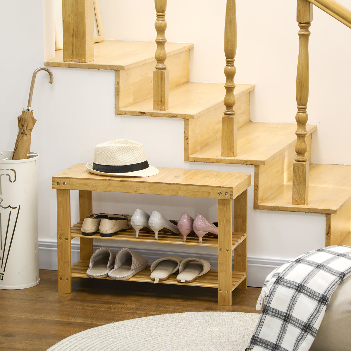 Shoe bench, 3 tiers, space for 6-9 pairs of shoes, up to 130 kg, bamboo, 70 x 28 x 45 cm (2)