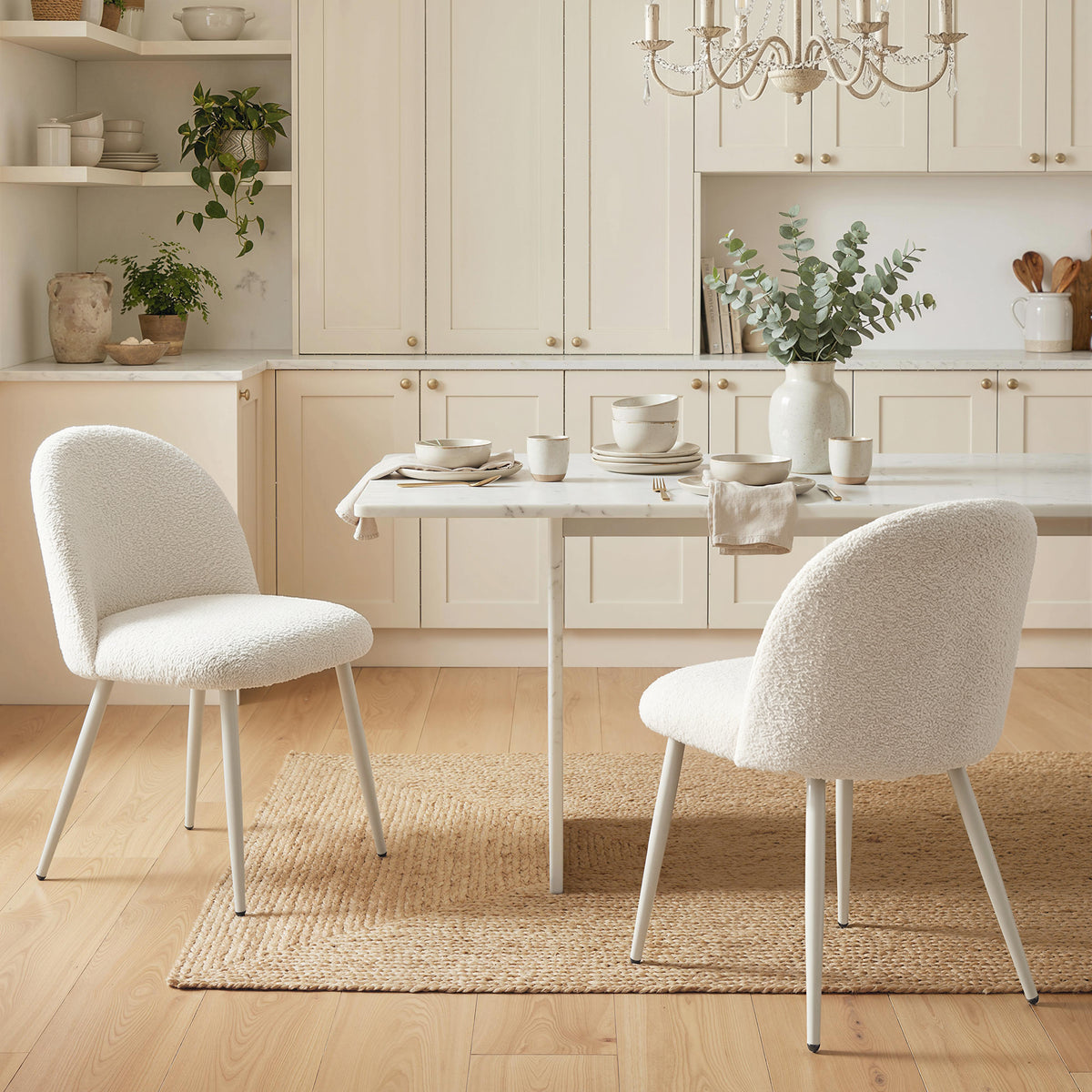 Dining chairs, kitchen chairs, softly upholstered with chenille, 50.5 x 57.5 x 78.5 cm, cream white (2)