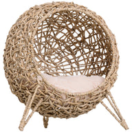 Rattan cat house with cushion, cat bed, cat cave with raised feet, natural, Ø52 x 58 cm