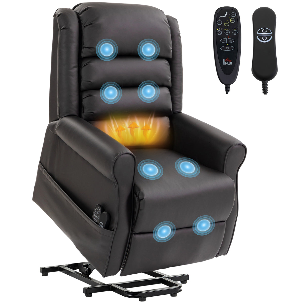 Electric lift chair with vibration massage and heat function, senior armchair made of brown PU leather