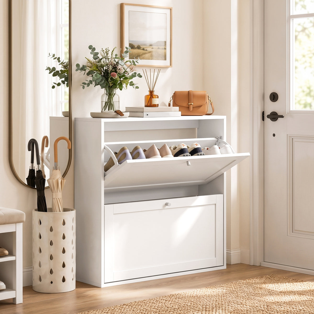 Shoe cabinet with 2 tilt-out compartments, adjustable shelves, for up to 8 pairs of shoes, white (2)