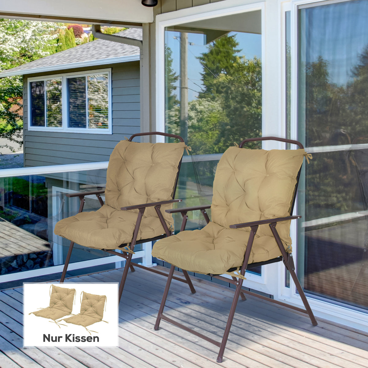 Set of 2 seat cushions, 98 x 50 cm chair cushions with ties, fabric cover, 8 cm thick, khaki (2)