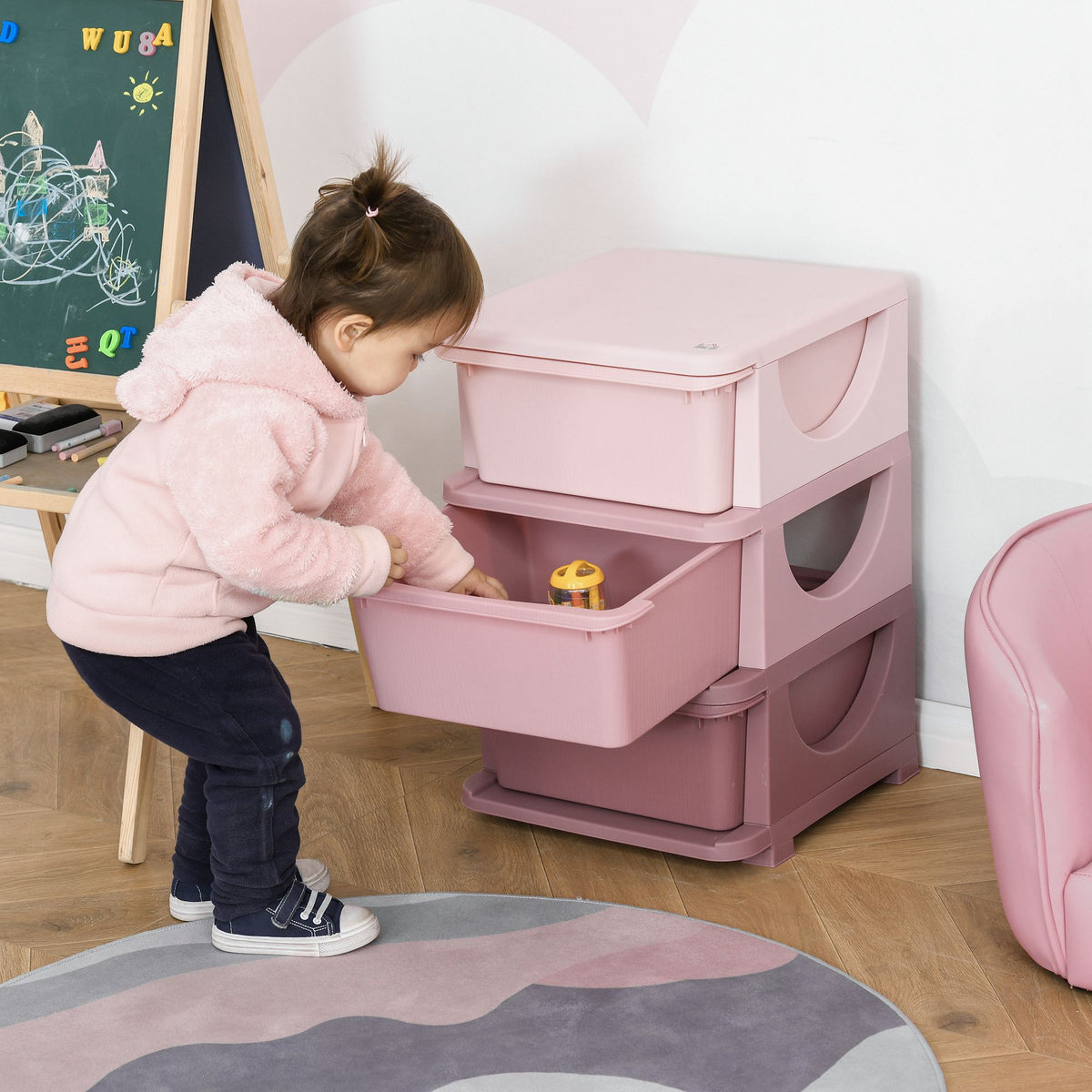 Storage boxes for children, 3 drawers, rounded edges, elevated design, 37x37x56.5 cm, pink (2)