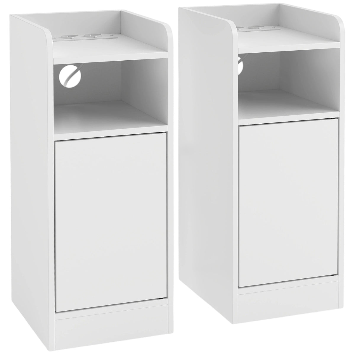 Set of 2 nightstands with charging station, slim bedside table with open compartment and adjustable shelf for