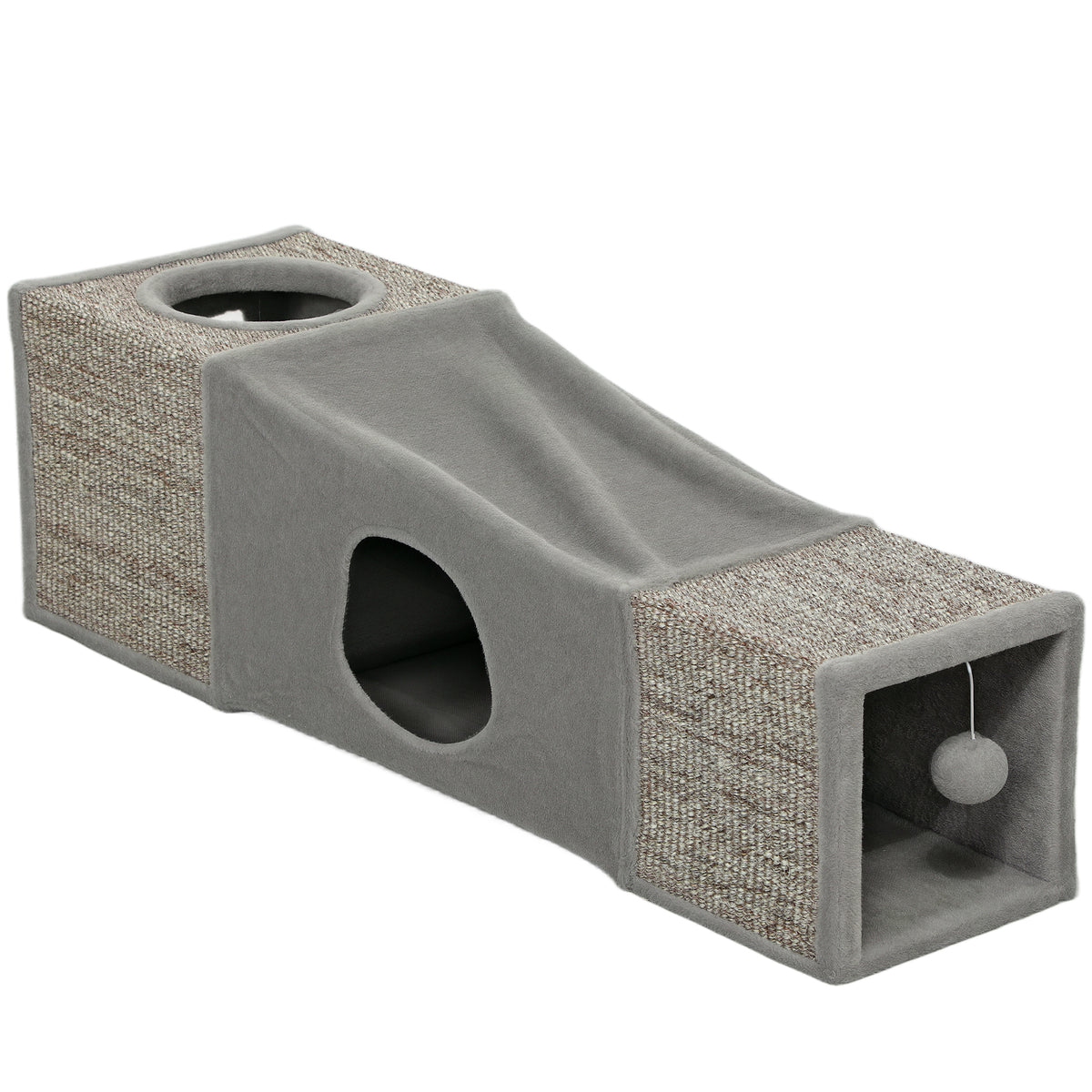 Cat tunnel, 2 cat caves, scratching surfaces and ball toy, 98 cm x 30 cm x 30 cm, brown + gray