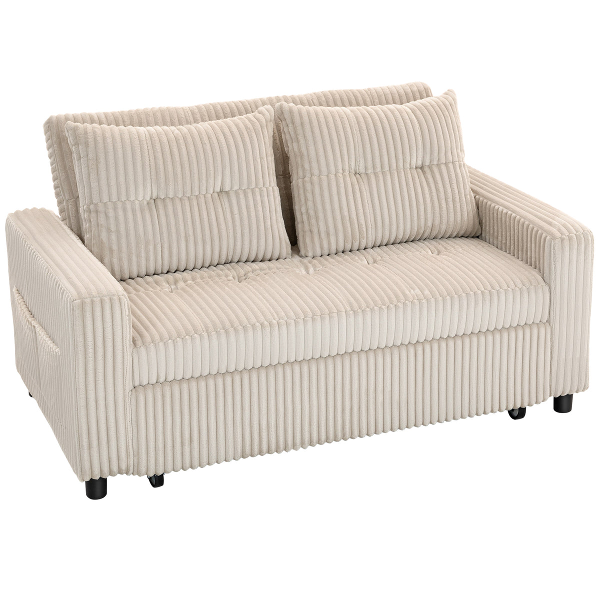 2-seater sofa bed, corduroy cover, convertible into a sofa bed, 2 cushions, side pockets, 157 x 190 cm, cream