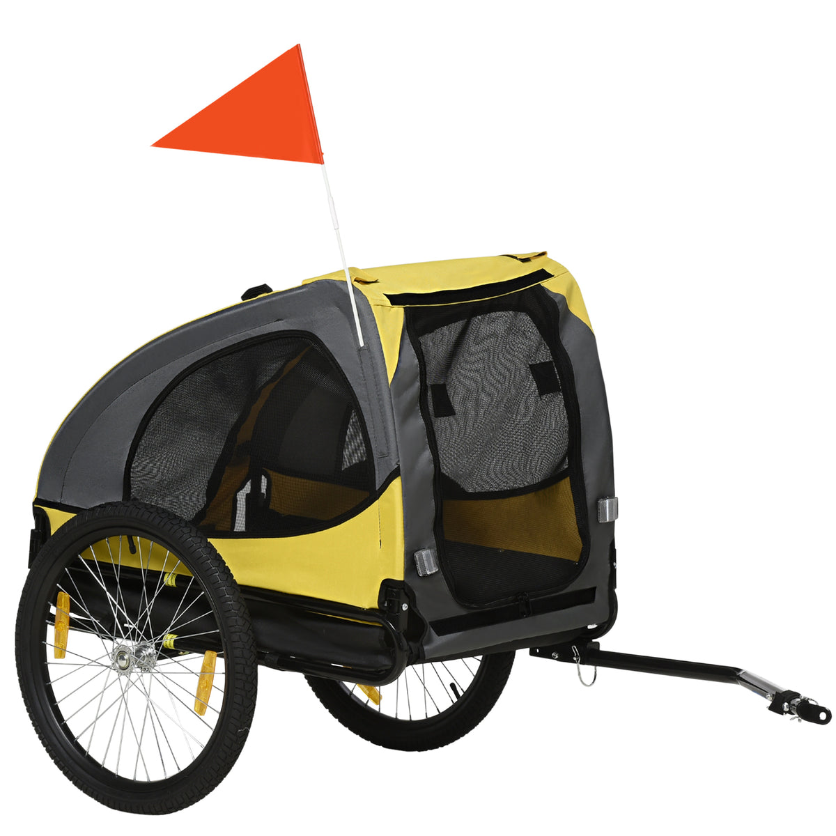 Dog trailer up to 20kg, mesh windows, roll-up cover, universal hitch, steel frame, yellow, 140 x 71 x 83 cm