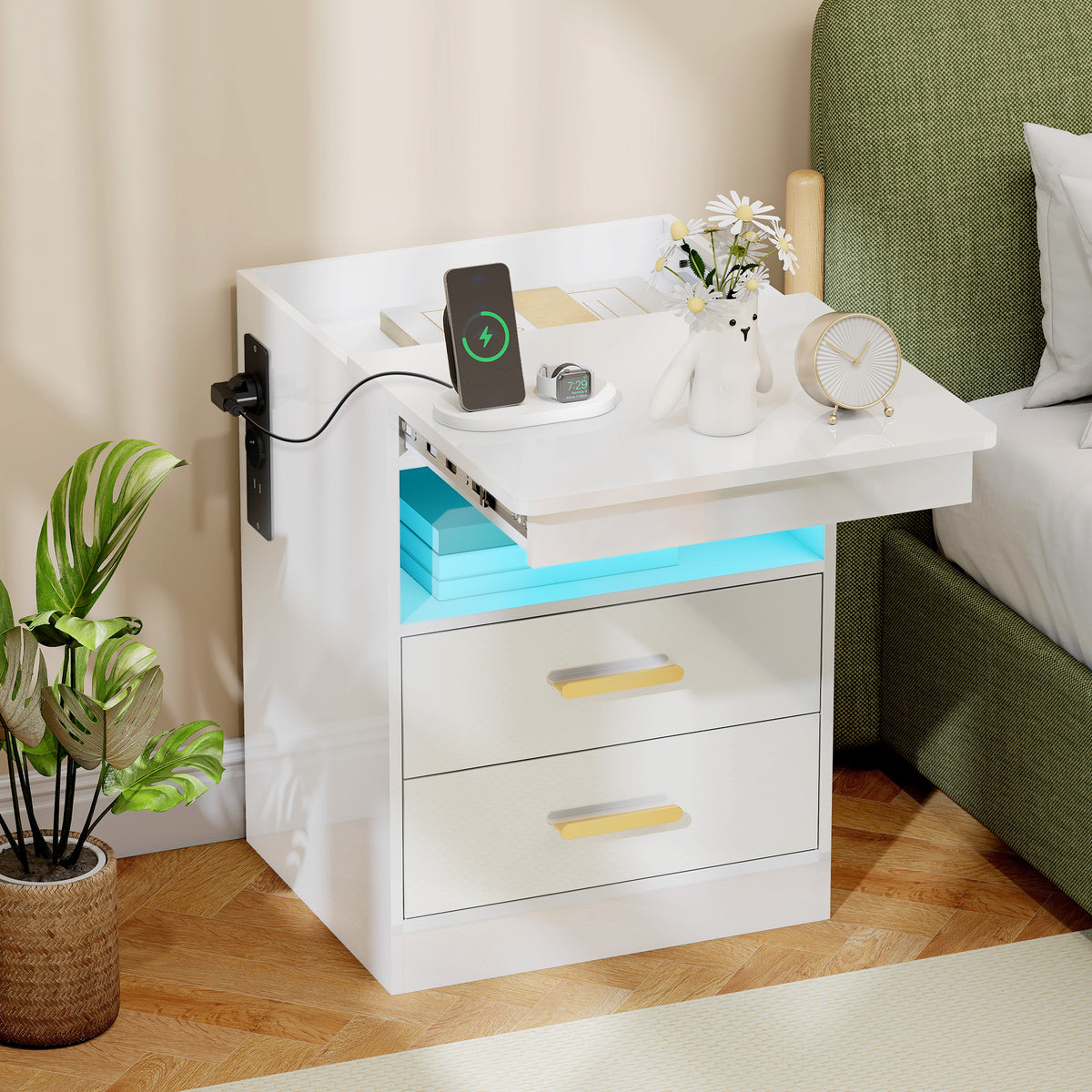 Nightstand, side table with charging station and RGB LED lighting, high-gloss white (2)