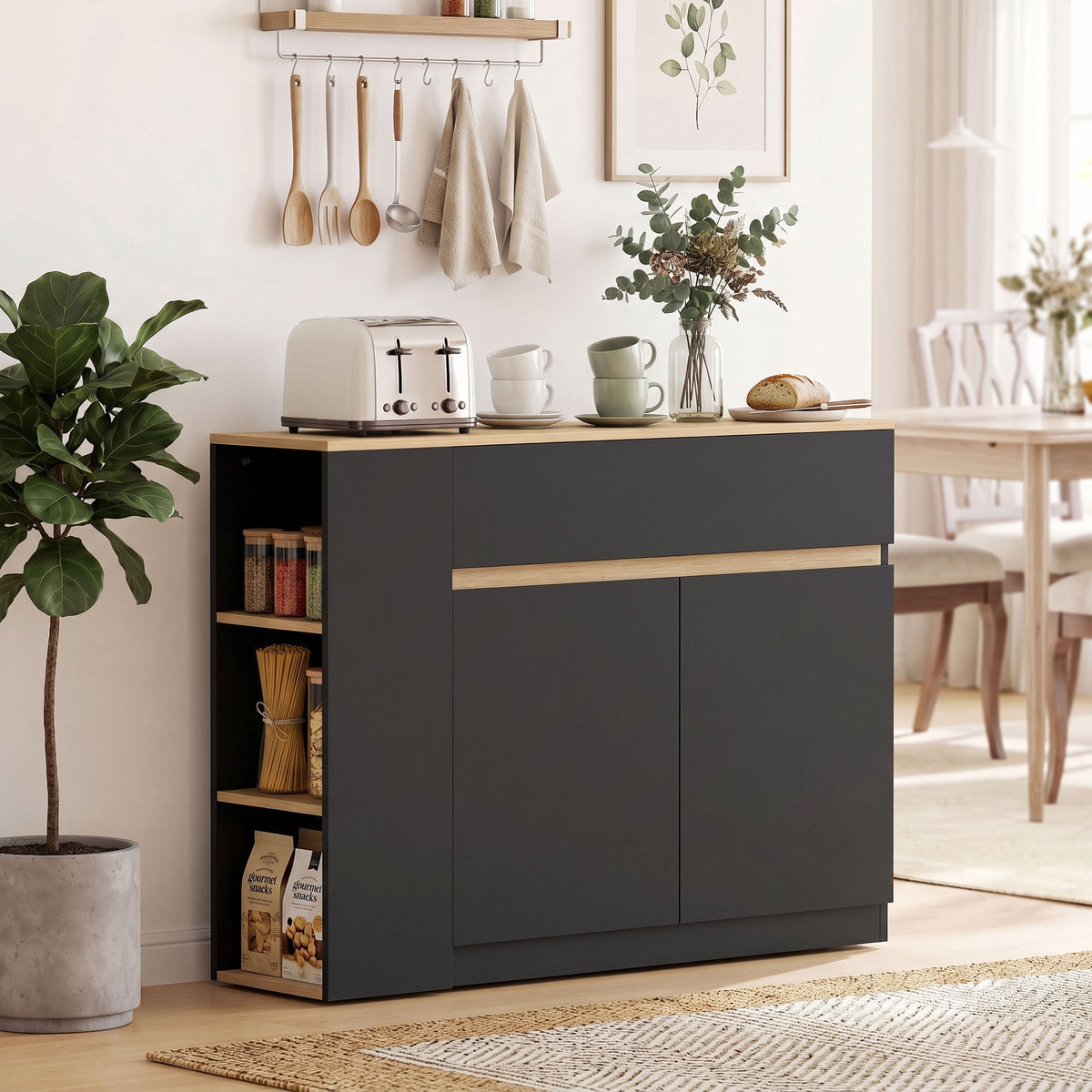 Sideboard, buffet, large cabinet compartment, 3-tier shelf, drawer, black, 110 x 29.5 x 82cm (2)