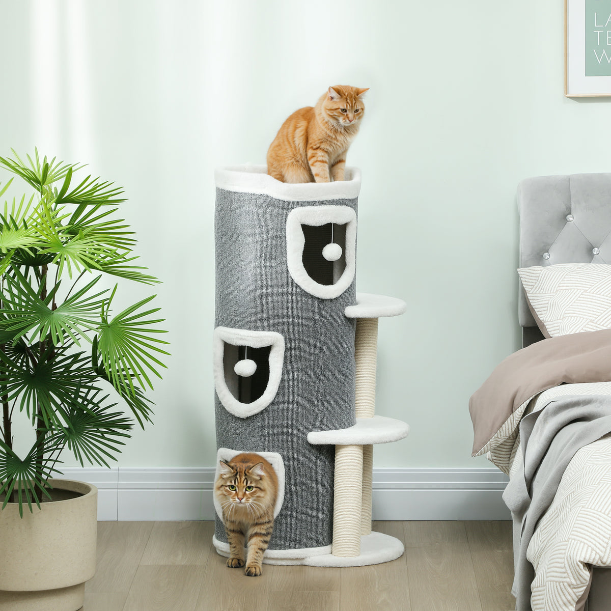 101 cm cat tower, 3 levels, 3 sleeping caves, play balls, scratching posts, sisal, particle board, gray (2)