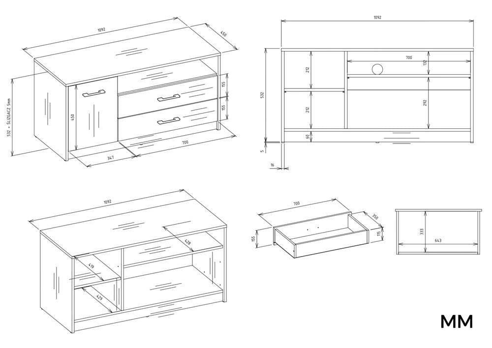 TV-Schrank SIMPLO 1D2S 2 Schubladen 1 Tür ANTHRAZIT EICHE ARTISAN – Produktabbildung 6