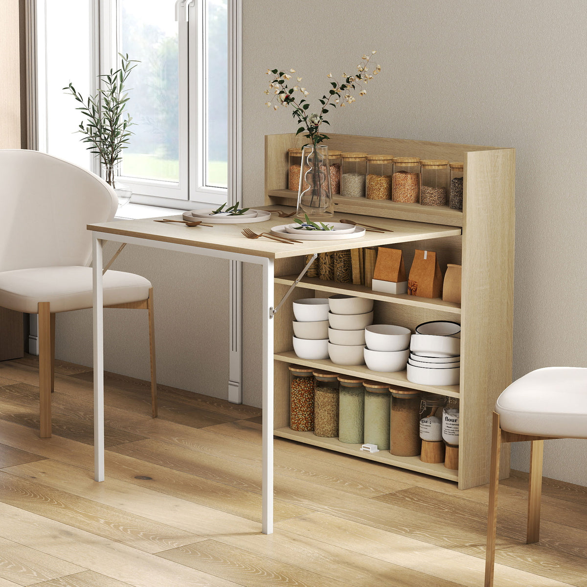 Foldable Dining Table with Shelf, Industrial Design, Space-Saving, For Small Spaces, 78.5 x 91 x 93 cm, Oak (2)