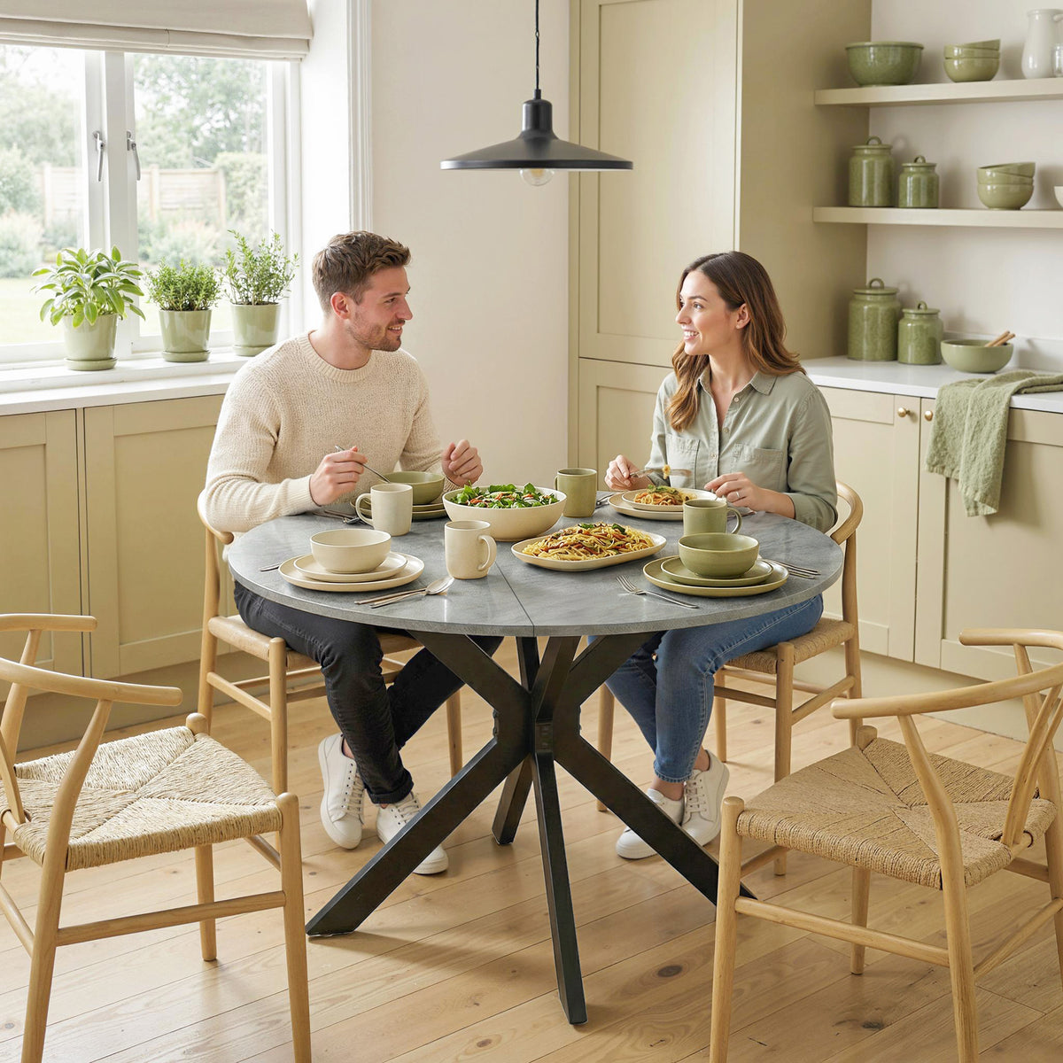 Foldable dining table for 2-6 people, round folding table with double-X steel frame, thick tabletop, cement gray (2)
