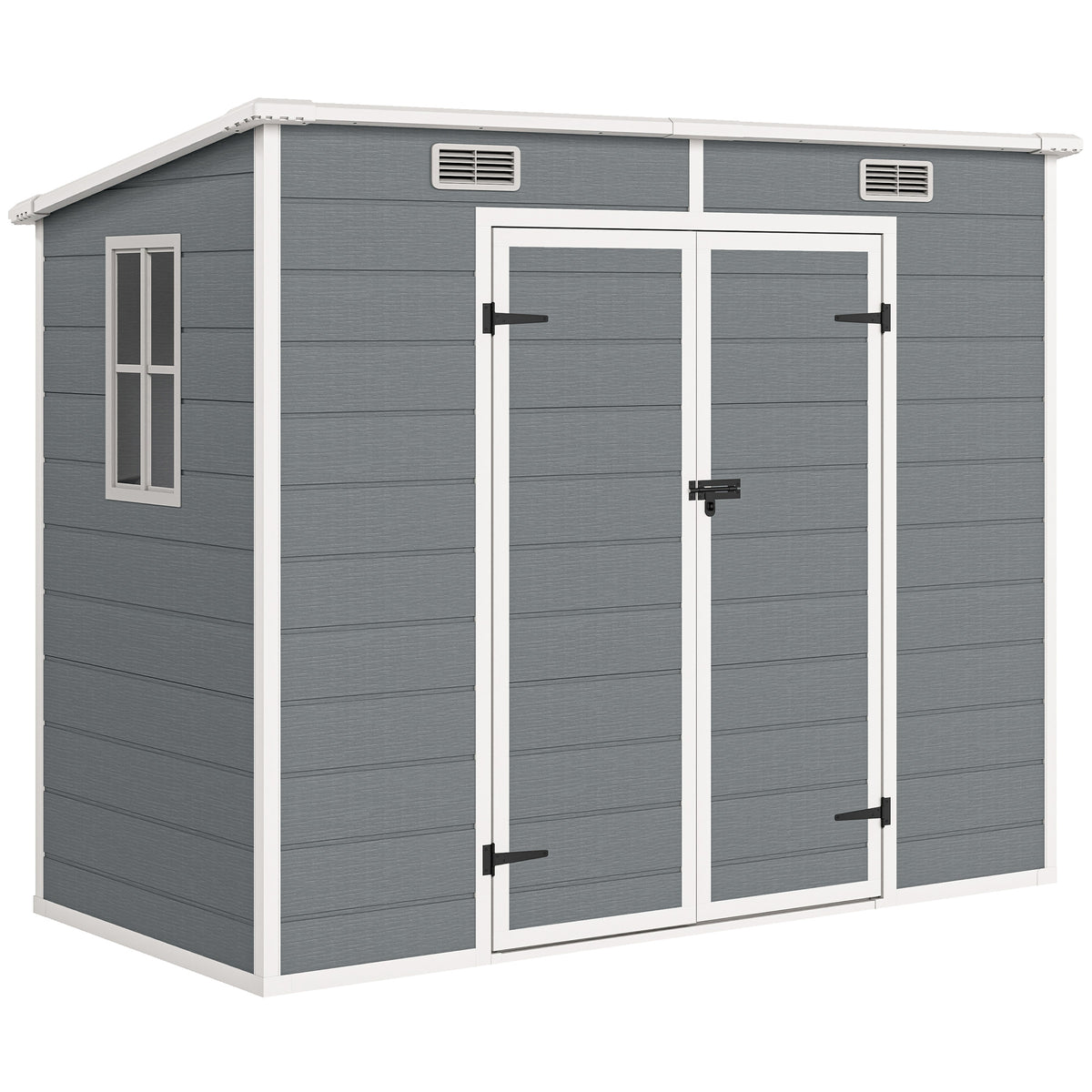 2.4 x 1.3 m garden shed, plastic garden house with floor, window, lockable doors, for garden, patio, grey