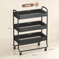 Kitchen trolley, 3 baskets, 4 castors, metal, black (3)