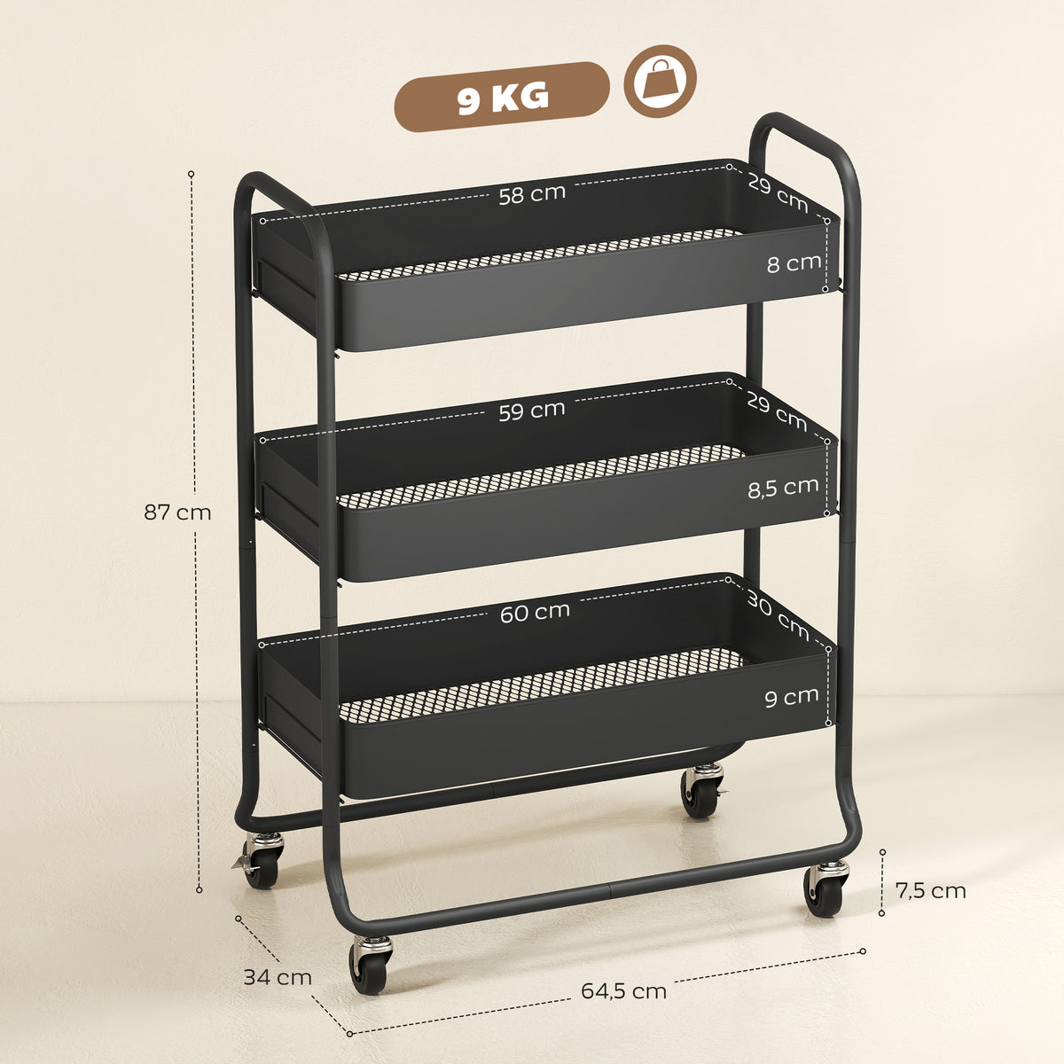 Kitchen trolley, 3 baskets, 4 castors, metal, black (3)