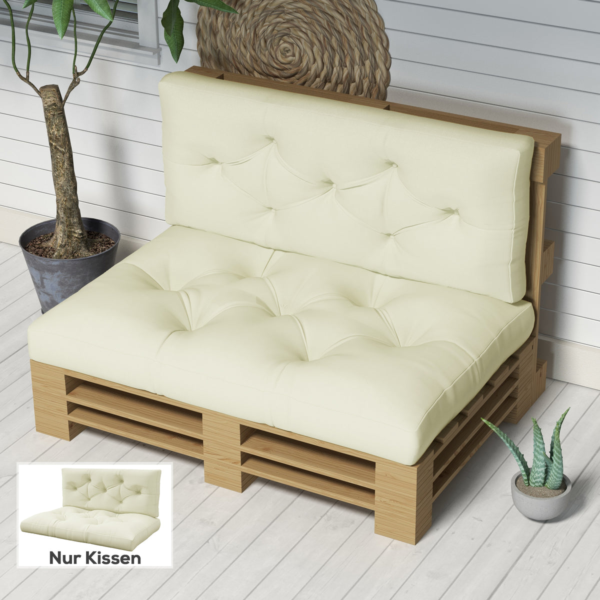 Seat cushion, seat pad, upholstered cushion, with button tufting, 120 x 80 x 12 cm, cream white (2)