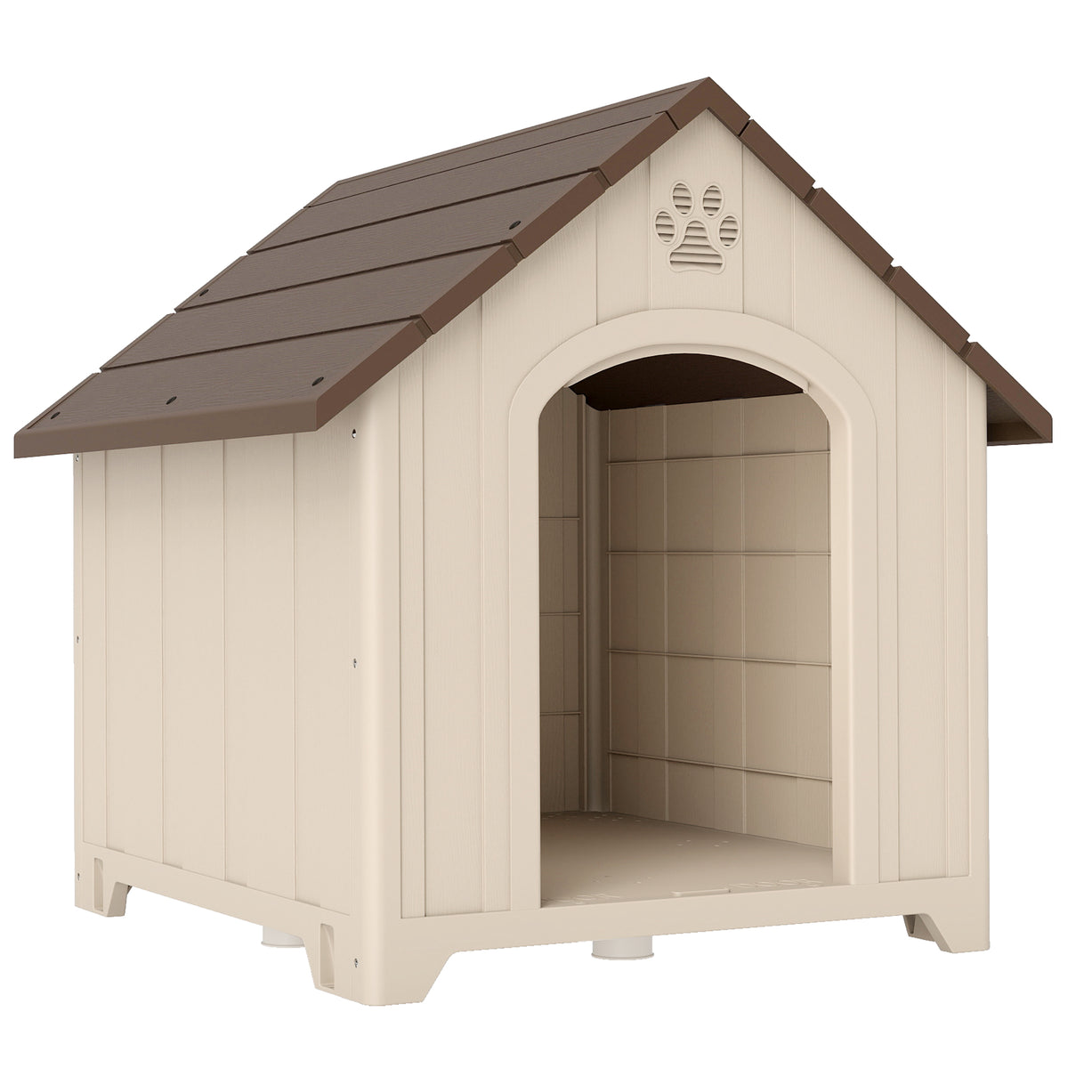 Weatherproof dog house 88 x 79 x 89 cm, elevated dog kennel with hinged asphalt roof and ground anchors