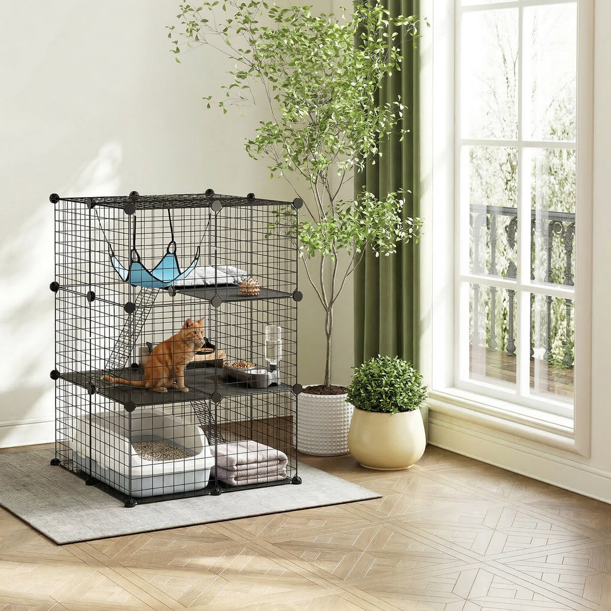 Indoor cat cage 105 cm, steel cat enclosure with 3 doors, DIY customizable design for kittens under 4 kg (2)