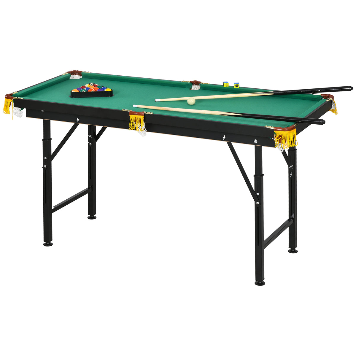 Billiard table, foldable, height-adjustable, incl. triangle/2 cues/16 balls, green