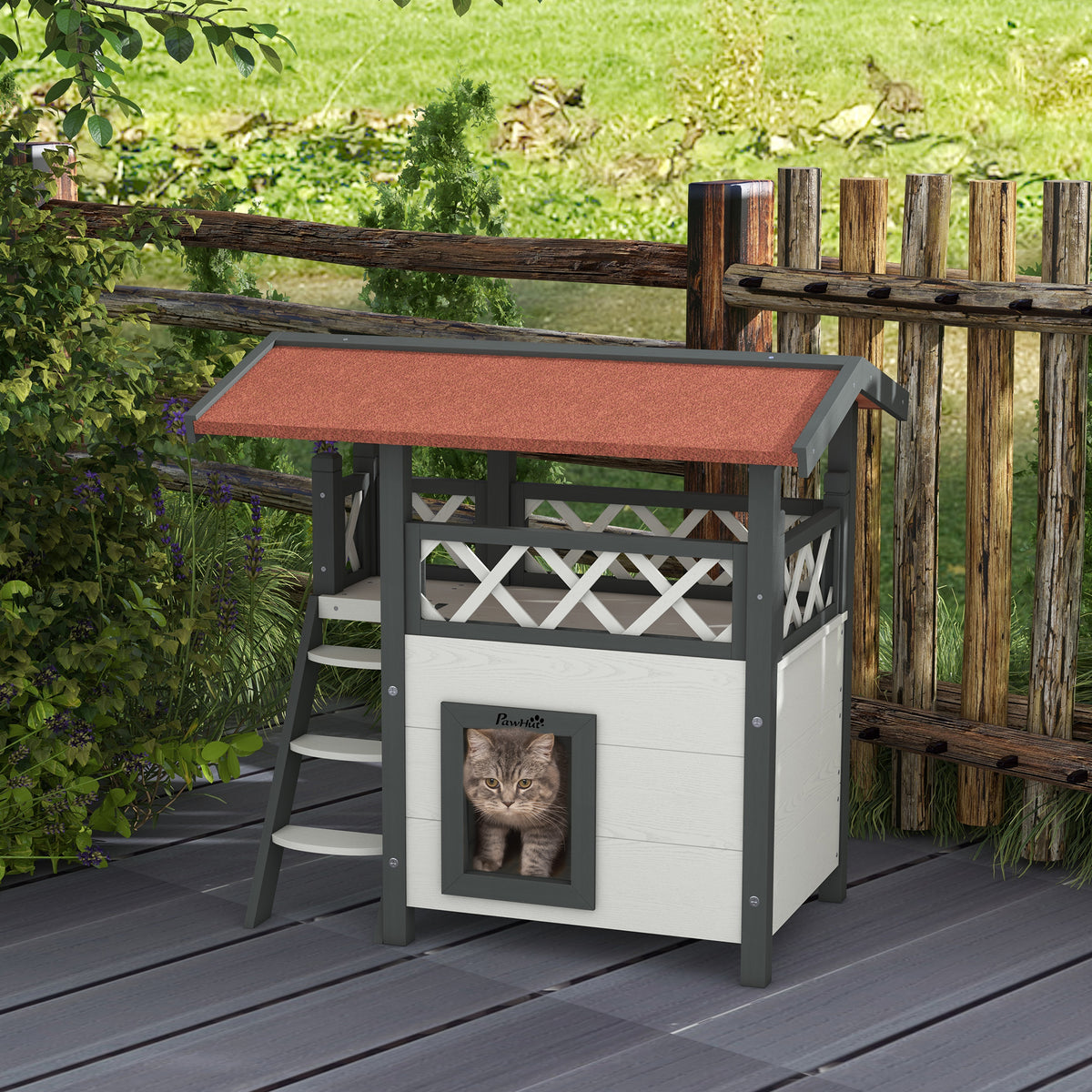 Cat house, cat hut, pet hut, asphalt roof, 2 levels, 1 ladder, white+red (2)