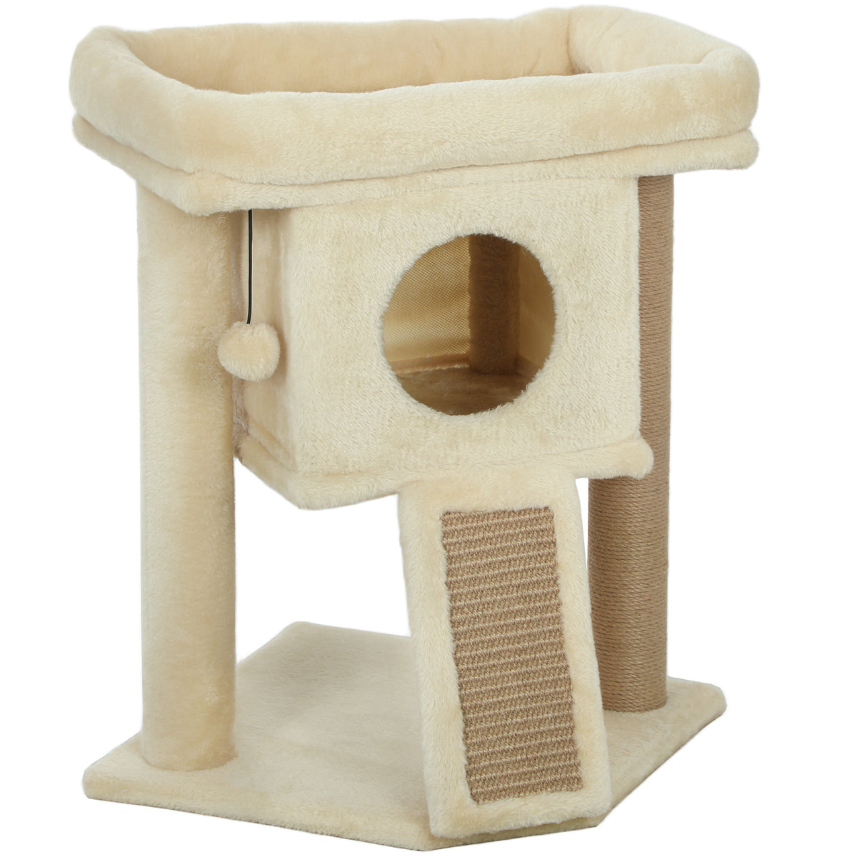 Cat tree with jute scratching mat, lounging platform, play ball, cat house, beige, 40 x 40 x 57 cm