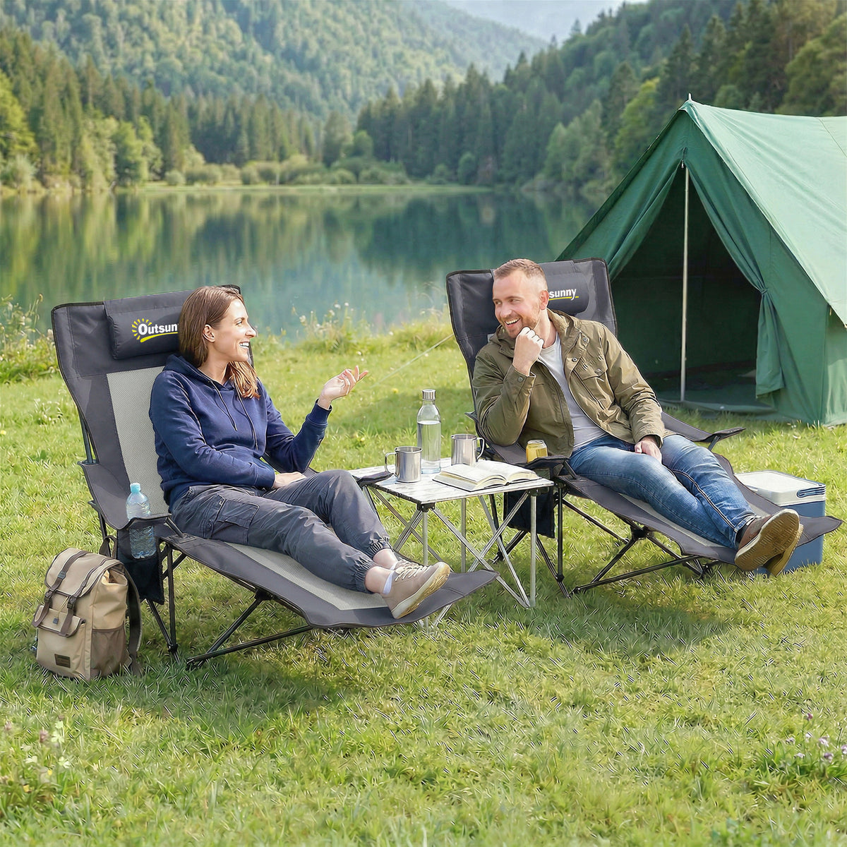Set of 2 foldable camping chairs, fishing chair with adjustable backrest, footrest, cup holder, and headrest (2)