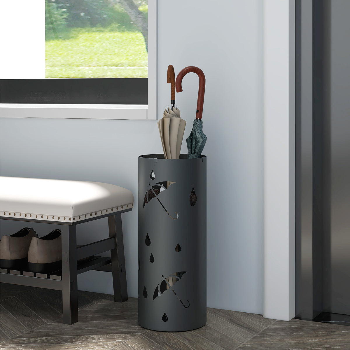 Umbrella stand, steel, columnar shape, removable base tray, Ø17 x 41H cm, grey (2)
