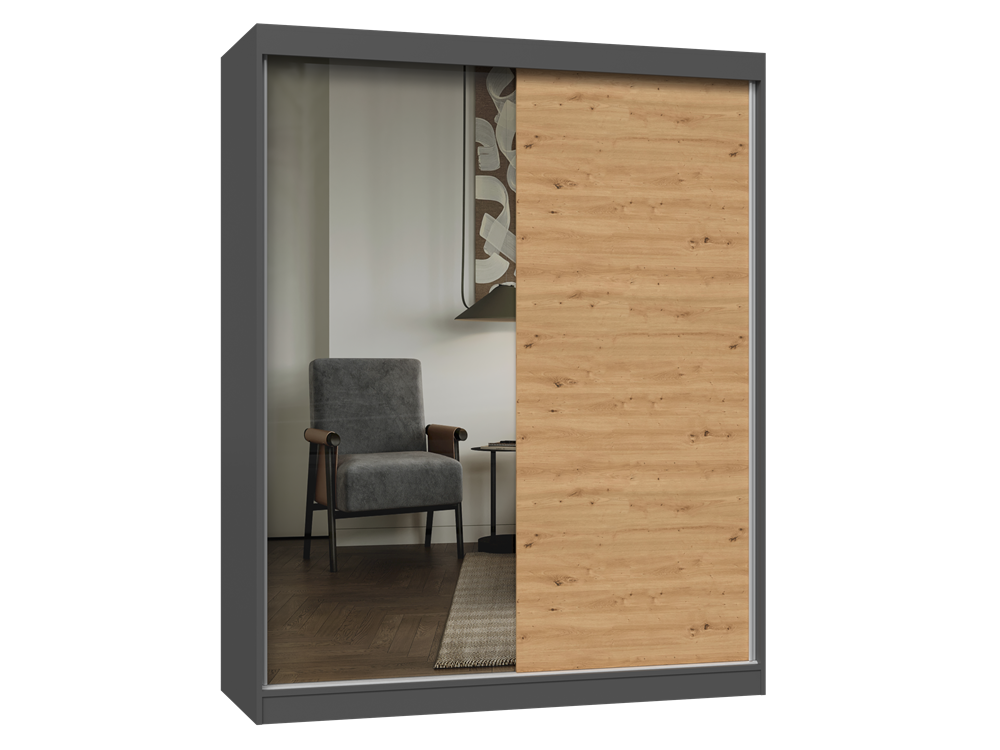Kleiderschrank IGA 160 A/B ANTHRAZIT ARTISAN 1 x Spiegel für Schlafzimmer Flur
