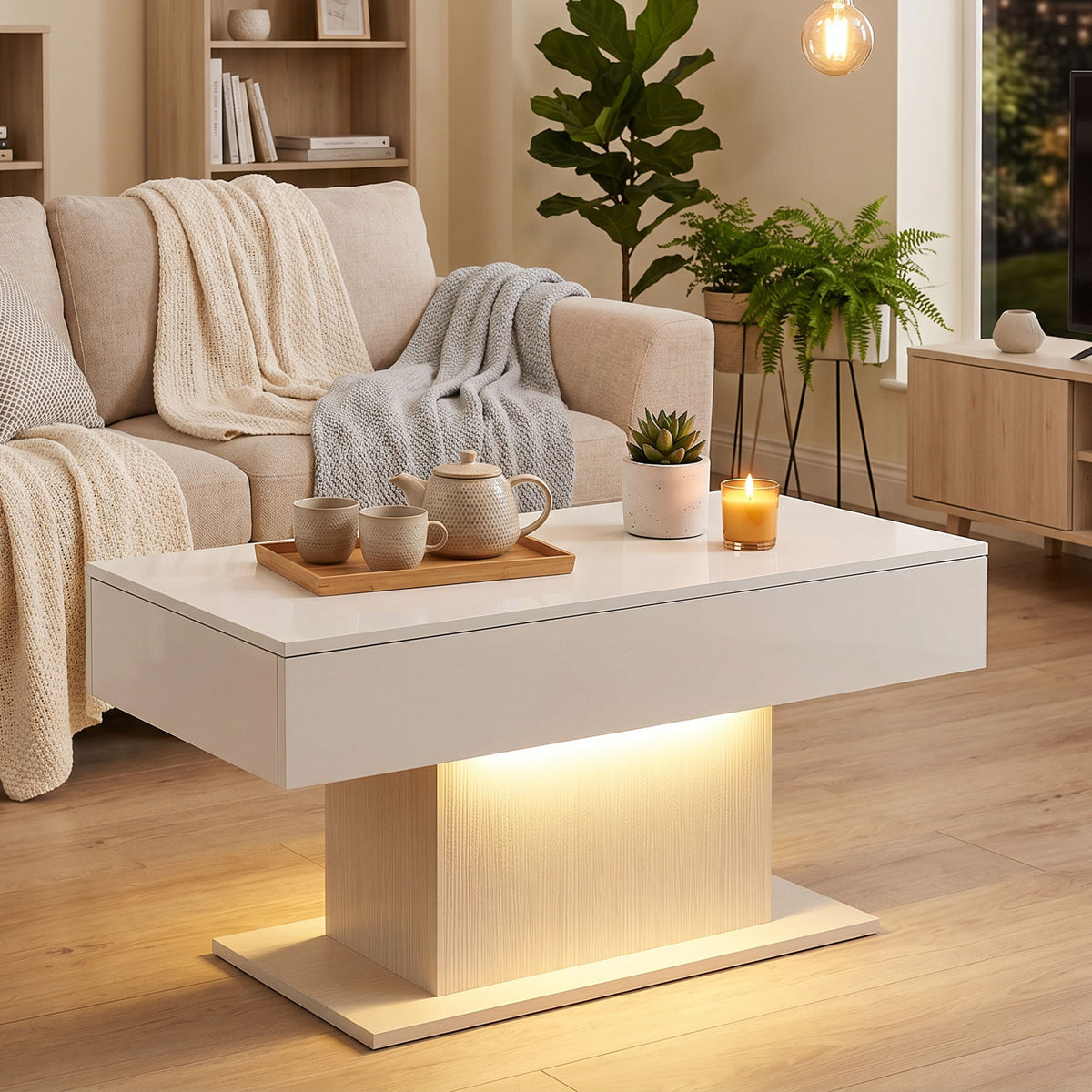 LED Coffee Table with Storage, High Gloss, Modern, 2 Drawers & Remote Control, White (2)
