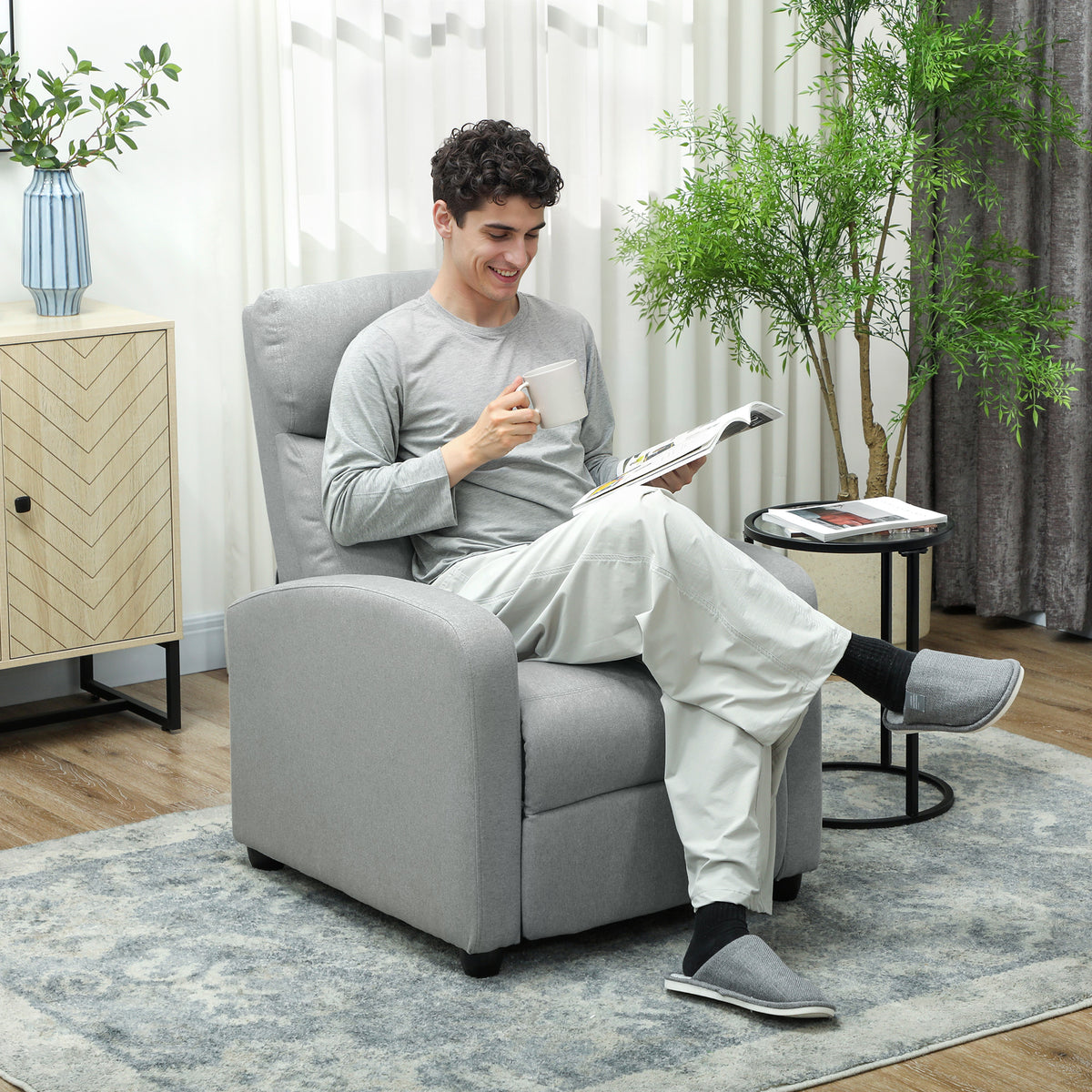 Recliner chair, adjustable 135°, retractable footrest, padded armrests, linen-polyester, light gray (2)