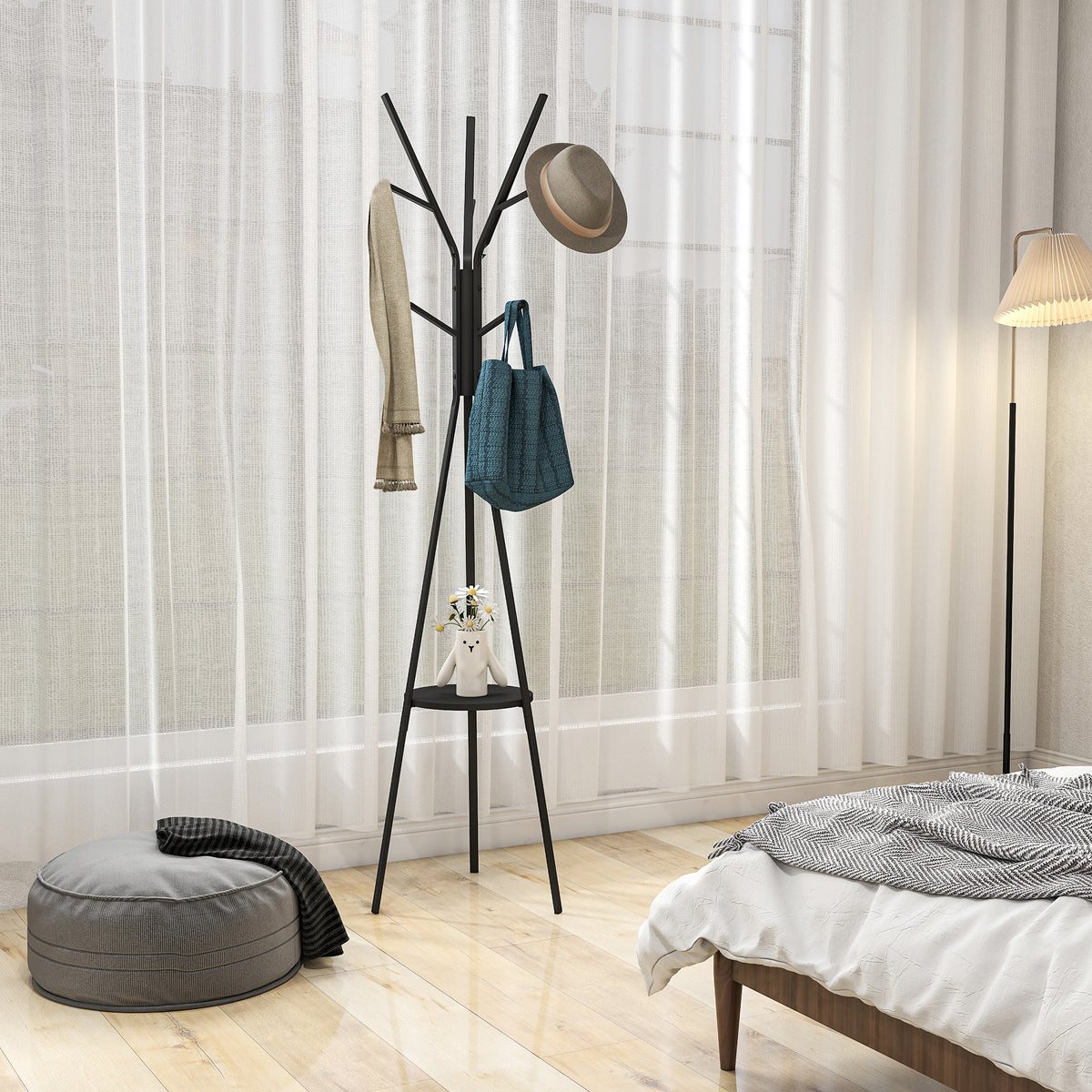 Coat Rack Garment Rack with Shelf and 8 Hooks Jacket Stand Modern Hall Tree for Clothes Hat Bag, Living Room (2)