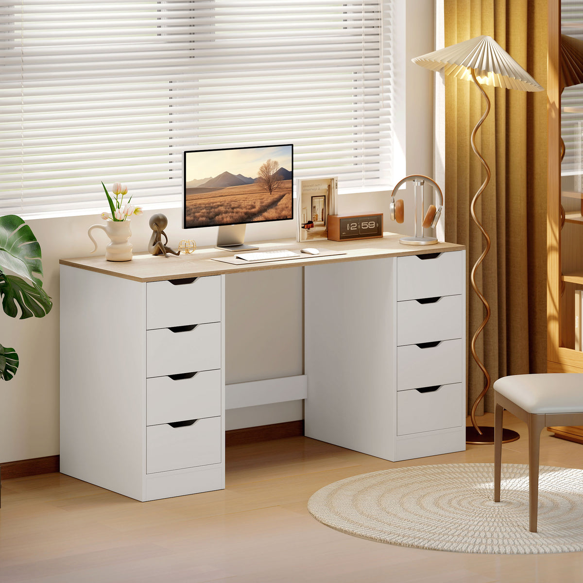140 cm computer desk, 8 drawers, desk for home office, bedroom, steel, wood, natural (2)