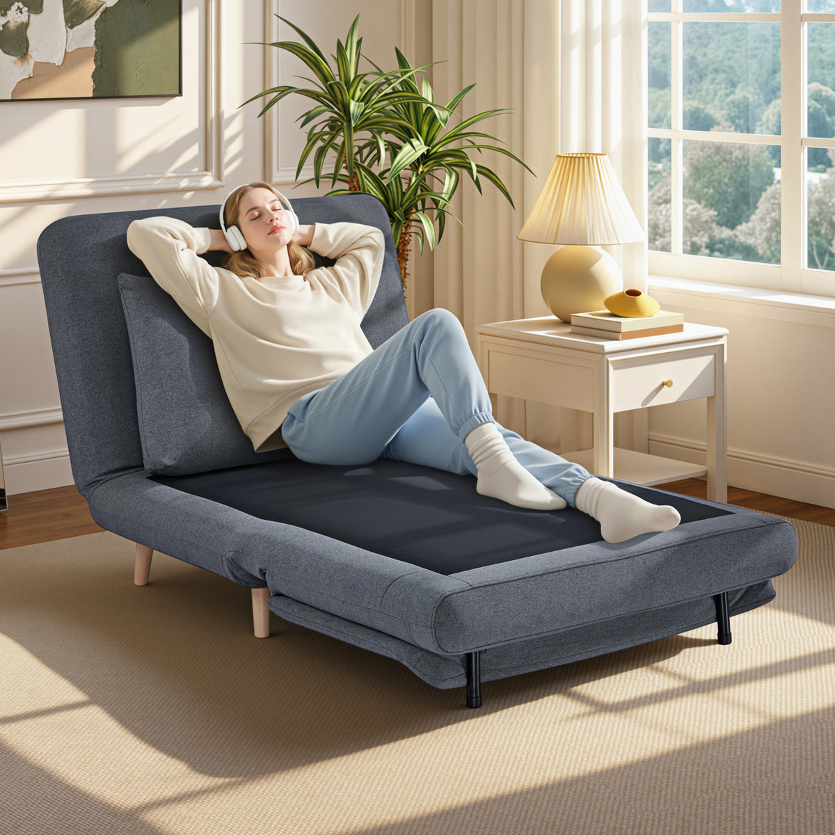 3-in-1 sleeper chair with bed function, recliner, adjustable backrest, beech wood legs, pillow, gray (2)