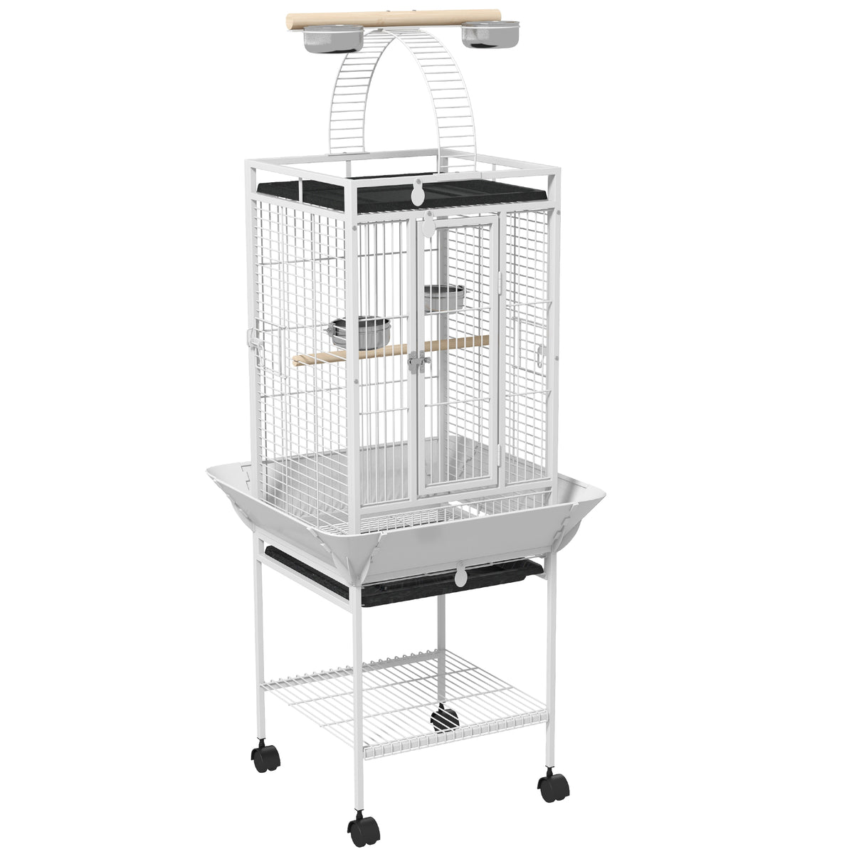 Bird cage, parrot cage with 3 doors, 2 perches, 360° wheels, feeding bowl, storage shelf, play top