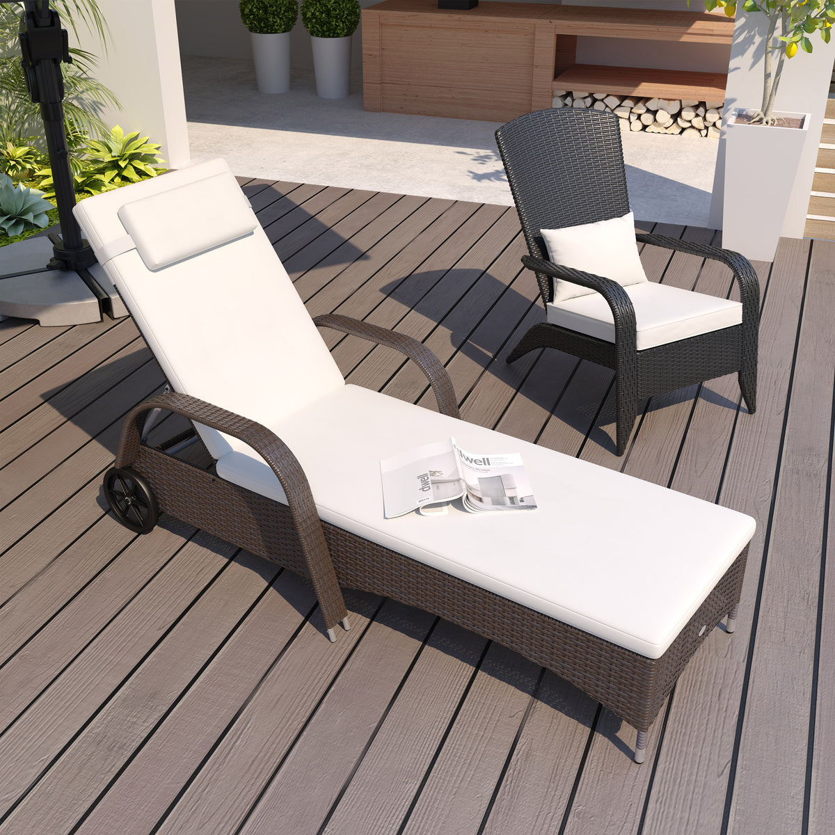 Garden lounger with cushion, adjustable backrest, metal frame, polyrattan, brown+cream, 200 x 73 x 103 cm (2)