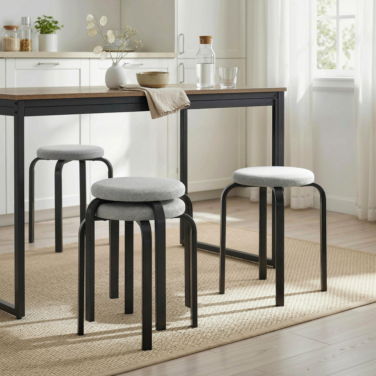 Set of 4 stackable stools, modern padded round stools without backrest for kitchen, dining room, grey (2)
