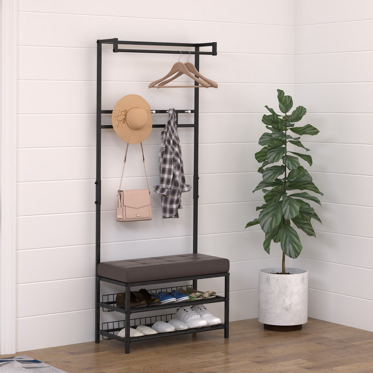 Coat rack, clothes stand with 5 hooks and 2-tier shoe bench, metal hall tree for hallway, bedroom, 72.5 x 35 x (2)
