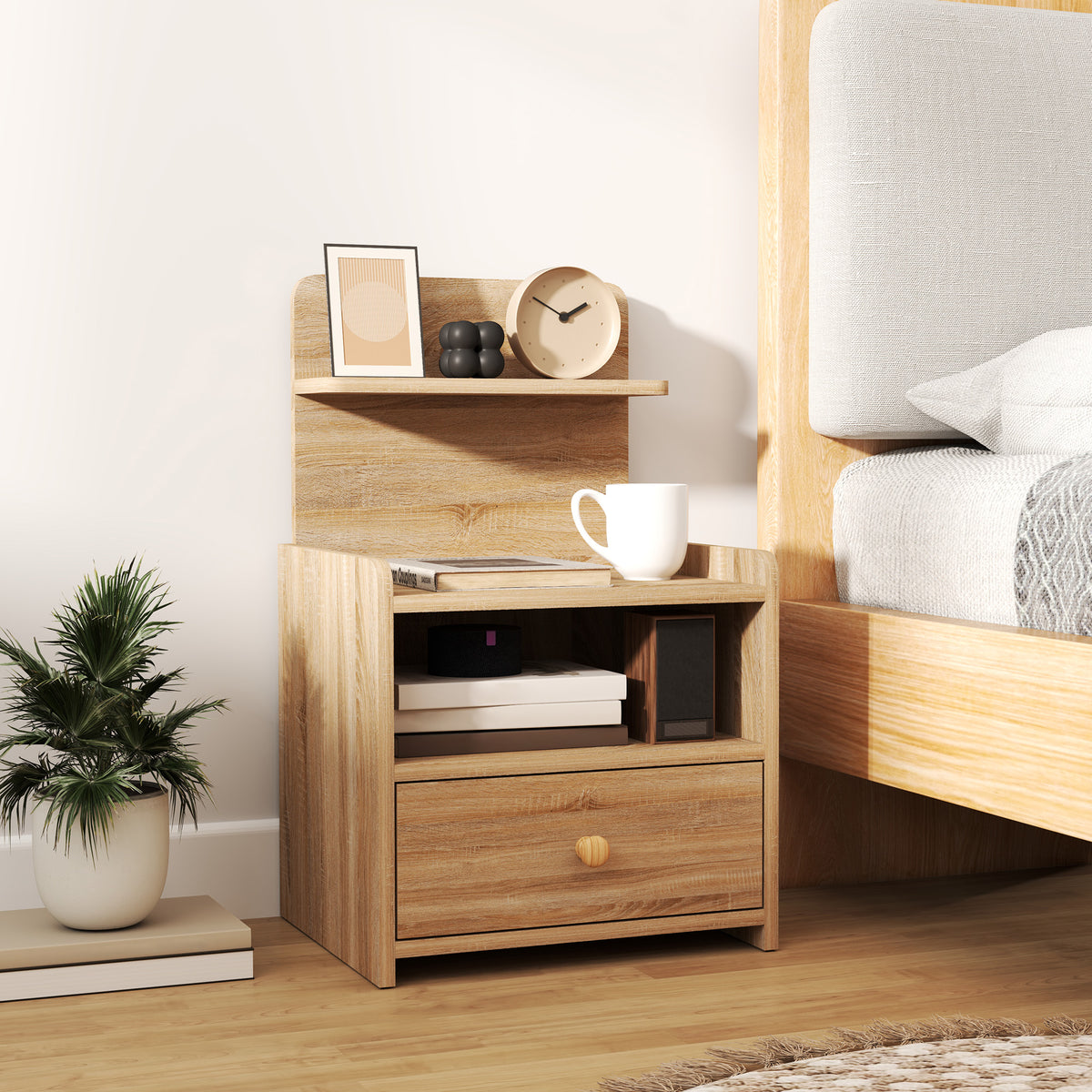 Side table, nightstand with storage, chipboard, tilt-proof, modern, natural wood (2)