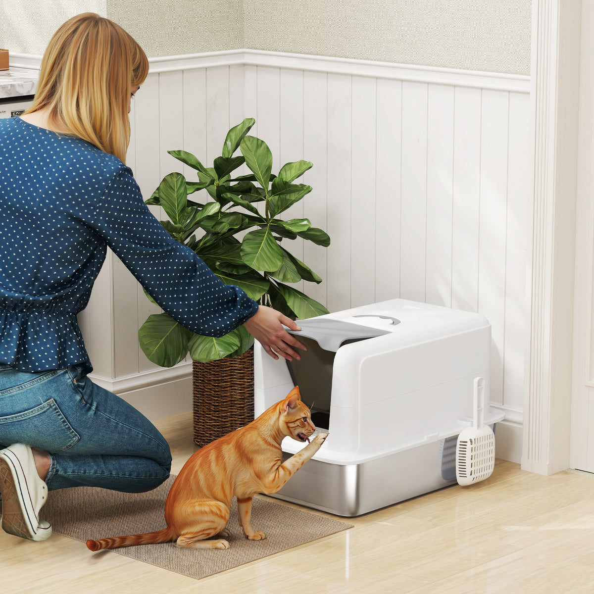 Cat litter box, stainless steel tray, filter, scoop, for cats up to 6 kg, 40.5 x 60.5 x 41.5 cm, white/silver (2)