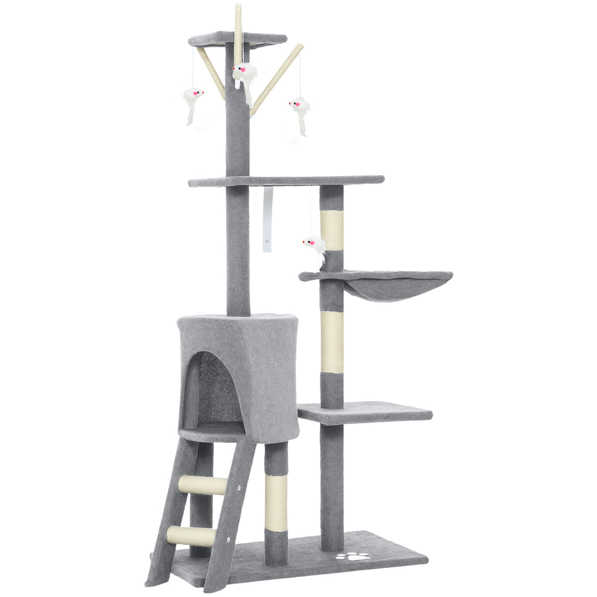 Cat tree with cave, 4 toys, sisal posts, large platform, stairs, for cats under 5 kg, grey